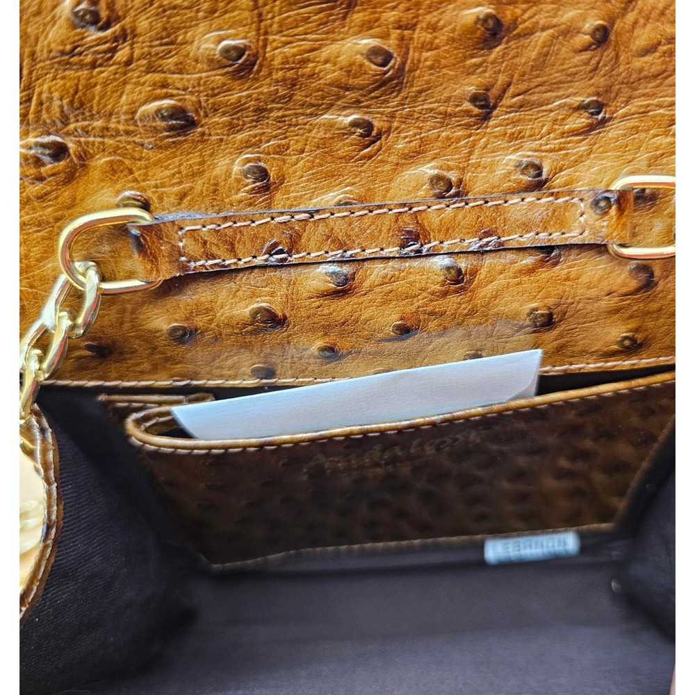 Andalossi Ostrich Embossed Leather Crossbody Flap Chain Shoulder Bag‎ Gold Tan - Picture 3 of 16